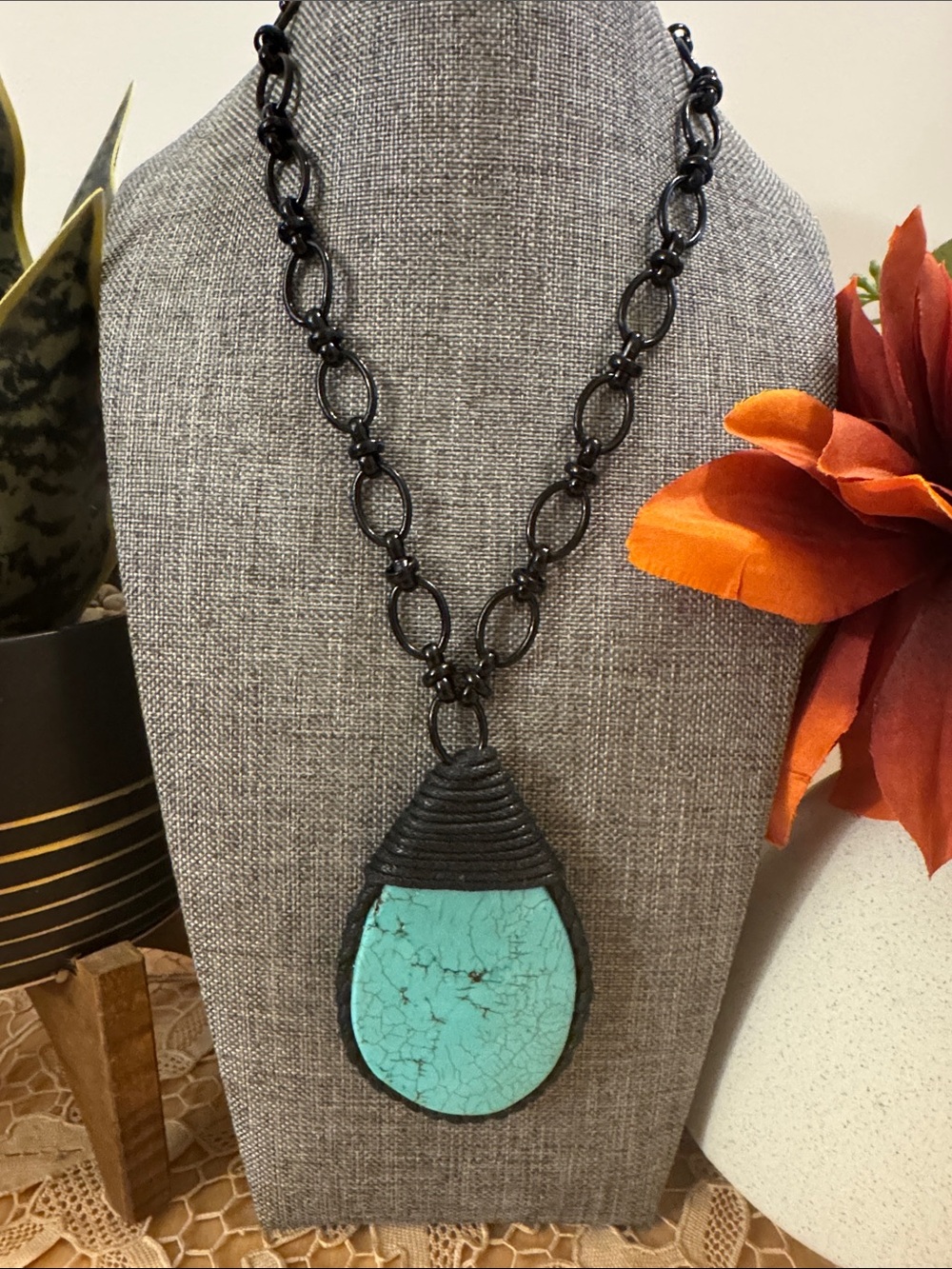 Leather wrapped large turquoise teardrop pendant necklace